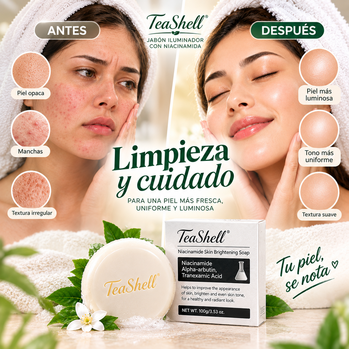 Jabón TeaShell - Jabón de limpieza diaria para una piel sin manchas y luminosa