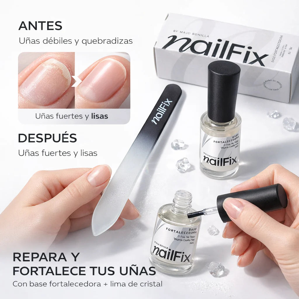 NAIL FIX- Kit Reparador de Uñas -Base Fortalacedora + Lima de Cristal Profesional.