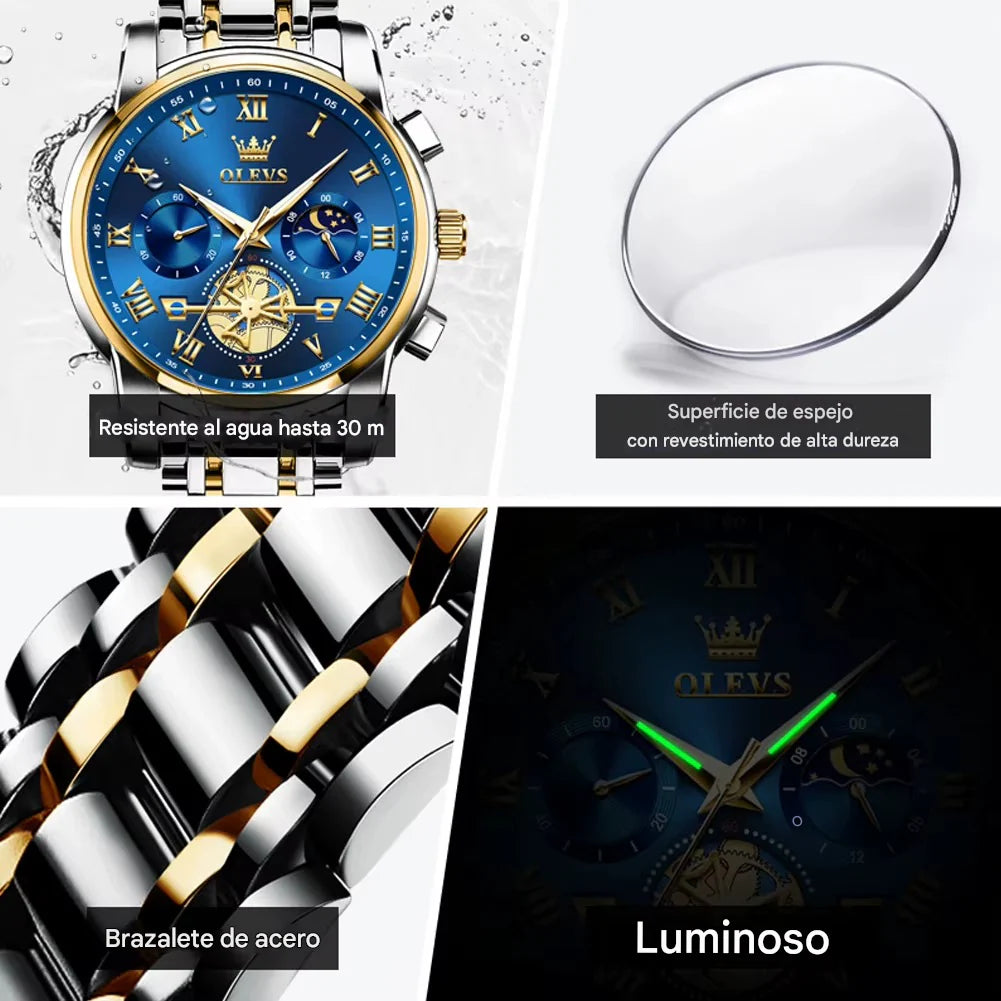 GOLDEN OLEVS - Reloj de lujo con múltiples funciones para hombre