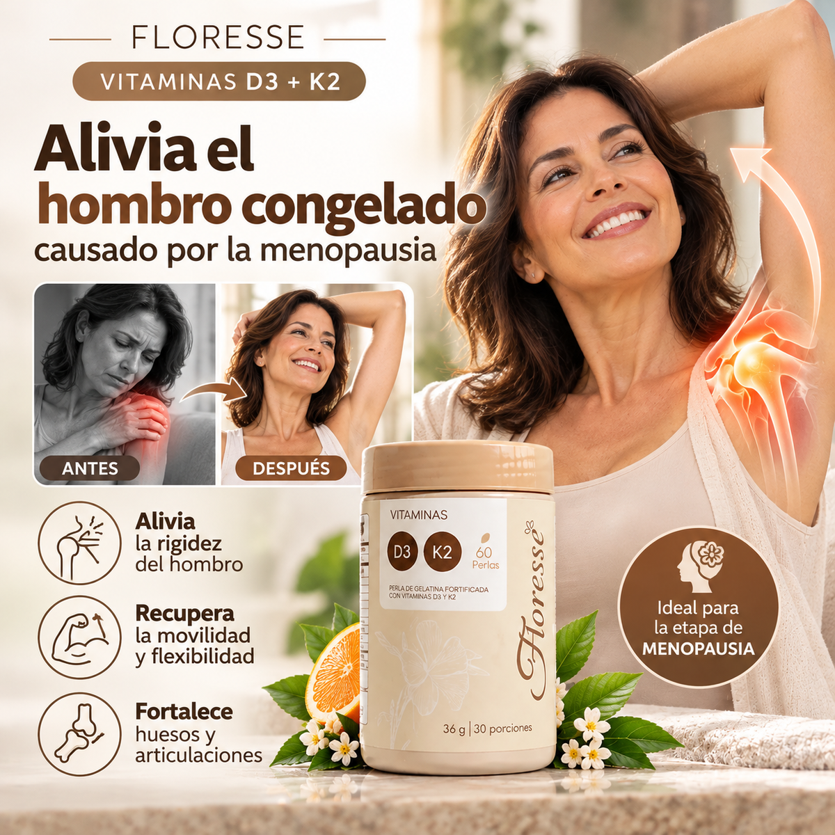 FLORESSE -  Suplemento para el cuidado de los huesos y la movilidad durante y despues de la menopausia