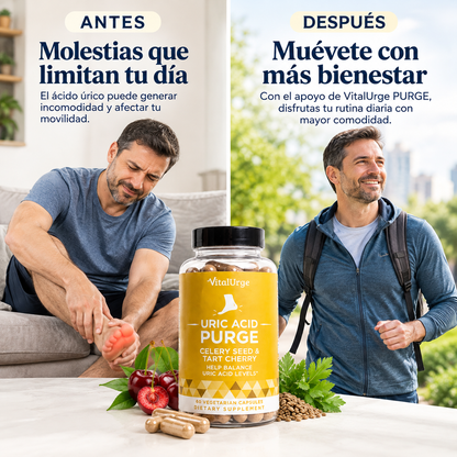 VitalUrge PURGE - Suplemento en cápsulas con 4 ingredientes para apoyar el control del ácido úrico