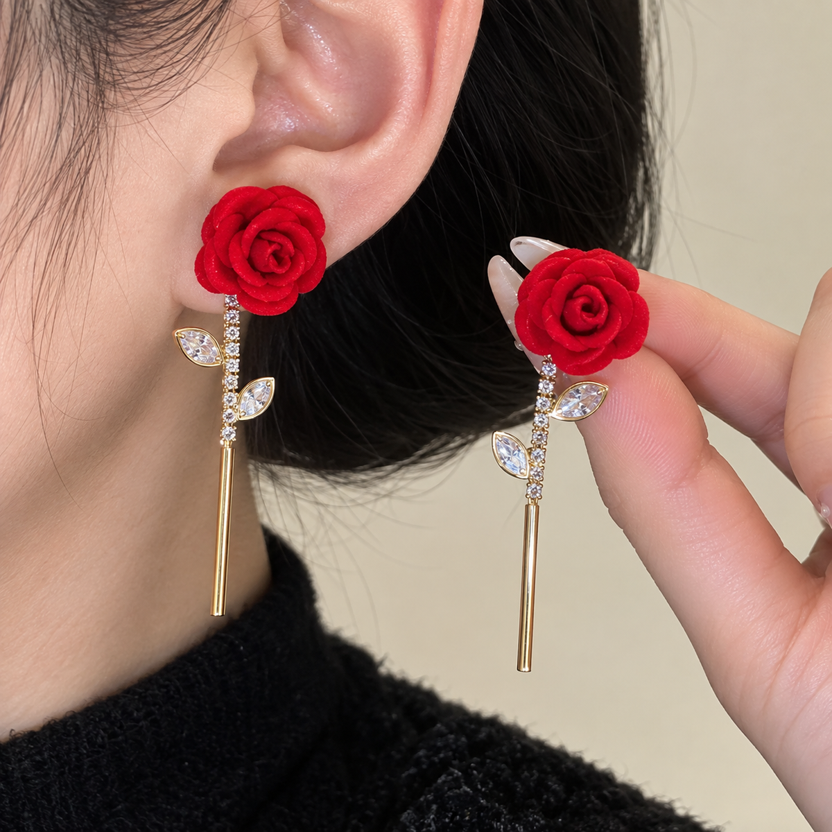 Aretes de rosa colgante