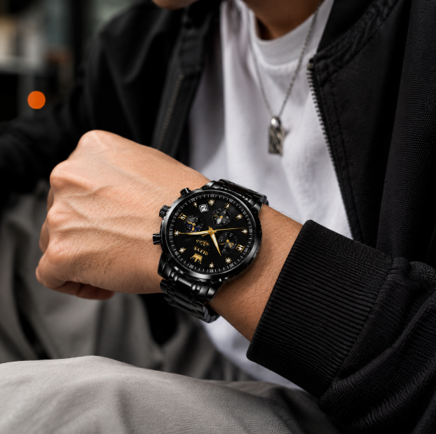 Reloj OLEVS - Cronógrafo Elegante Negro con Detalles Dorados
