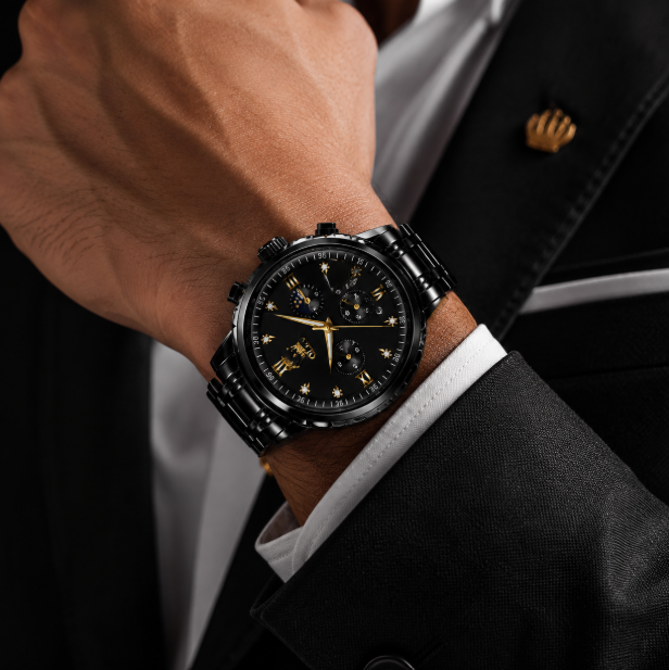 Reloj OLEVS - Cronógrafo Elegante Negro con Detalles Dorados