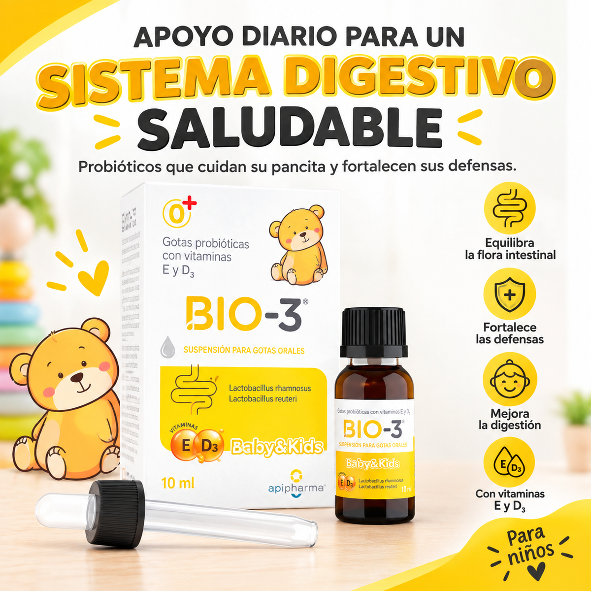 Bio-3 ® Probióticos en gotas / Promueve una flora intestinal saludable y el desarrollo óptimo del sistema inmunológico