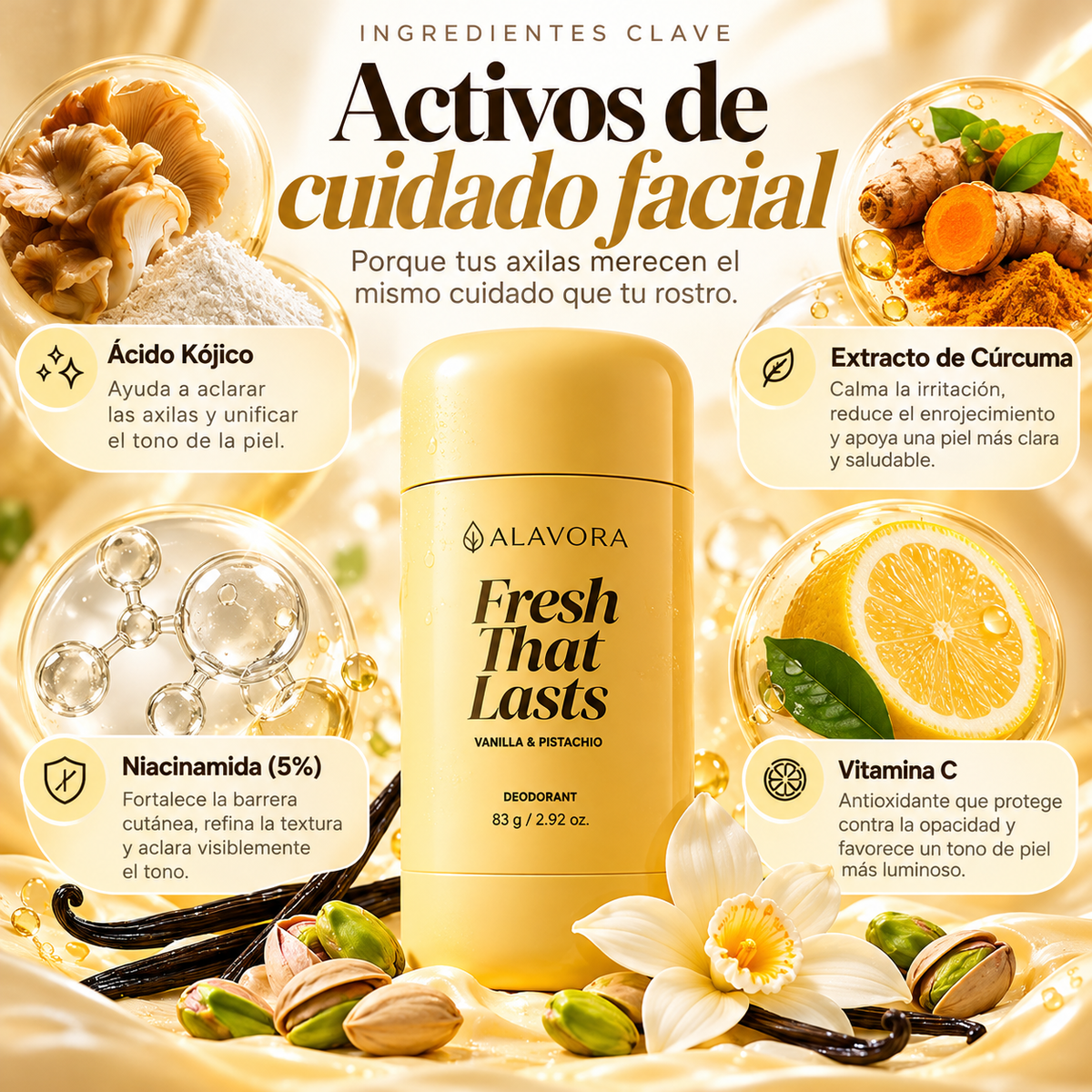 ALAVORA FRESH - Desodorante aclarante de Ácido Kójico con aroma a vainilla y pistacho