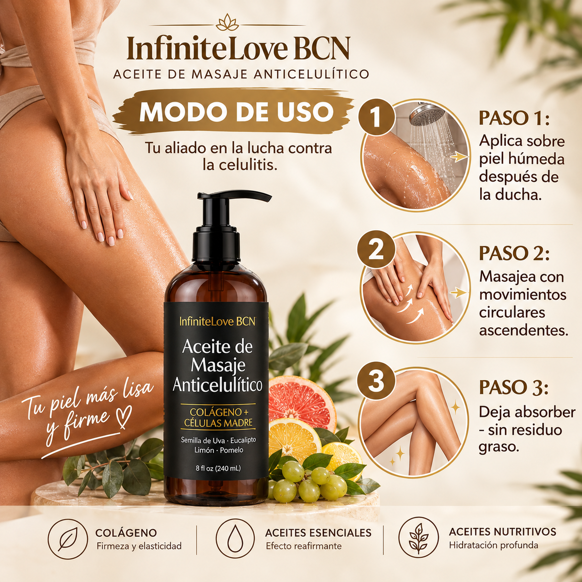 Aceite de Masaje Anticelulítico  - Dile adios a las celulitis y hoyuelos en muslos y glúteos