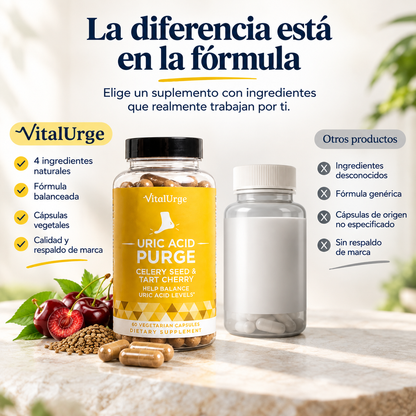 VitalUrge PURGE - Suplemento en cápsulas con 4 ingredientes para apoyar el control del ácido úrico