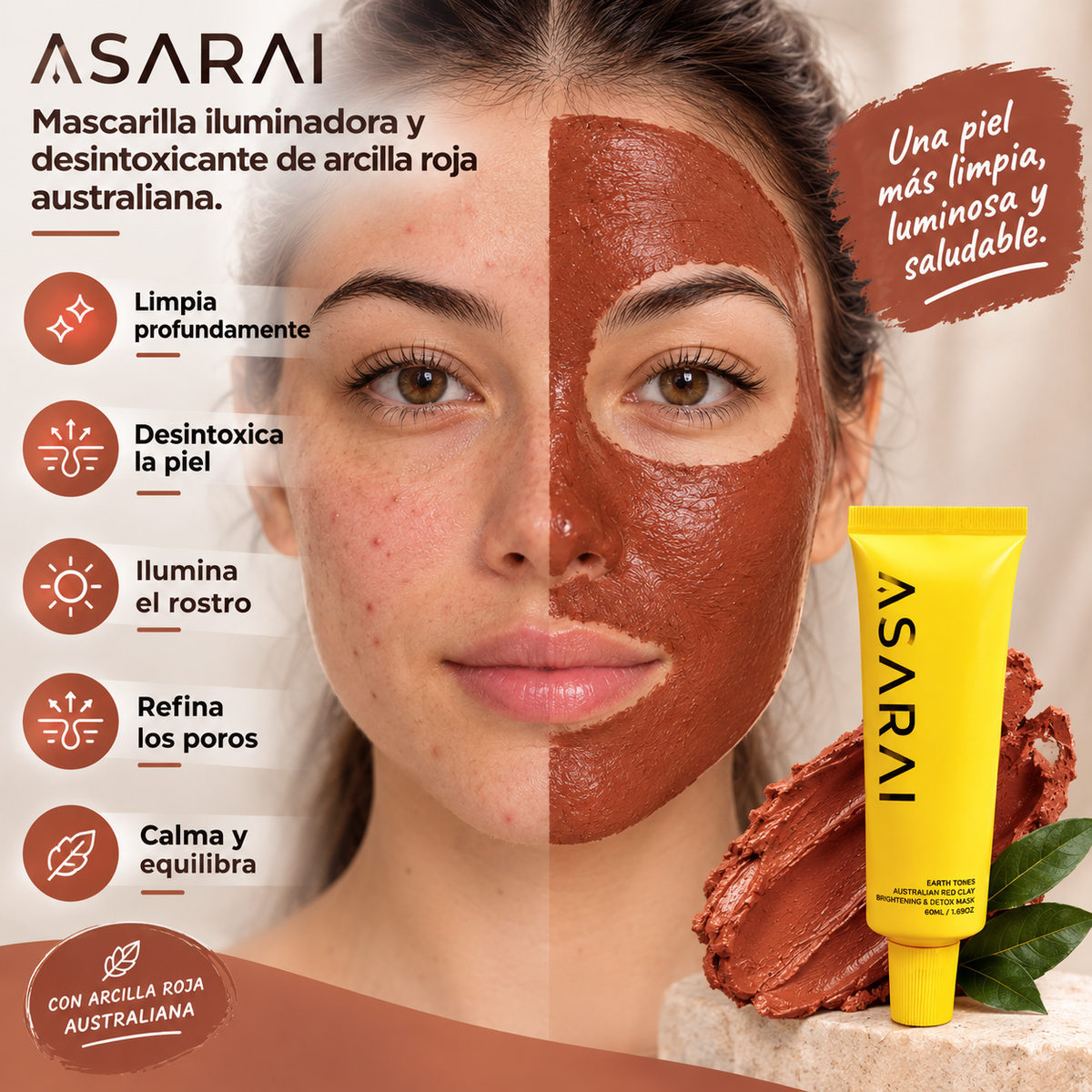 ASARAI – Mascarilla iluminadora y desintoxicante de Arcilla Roja Australiana.