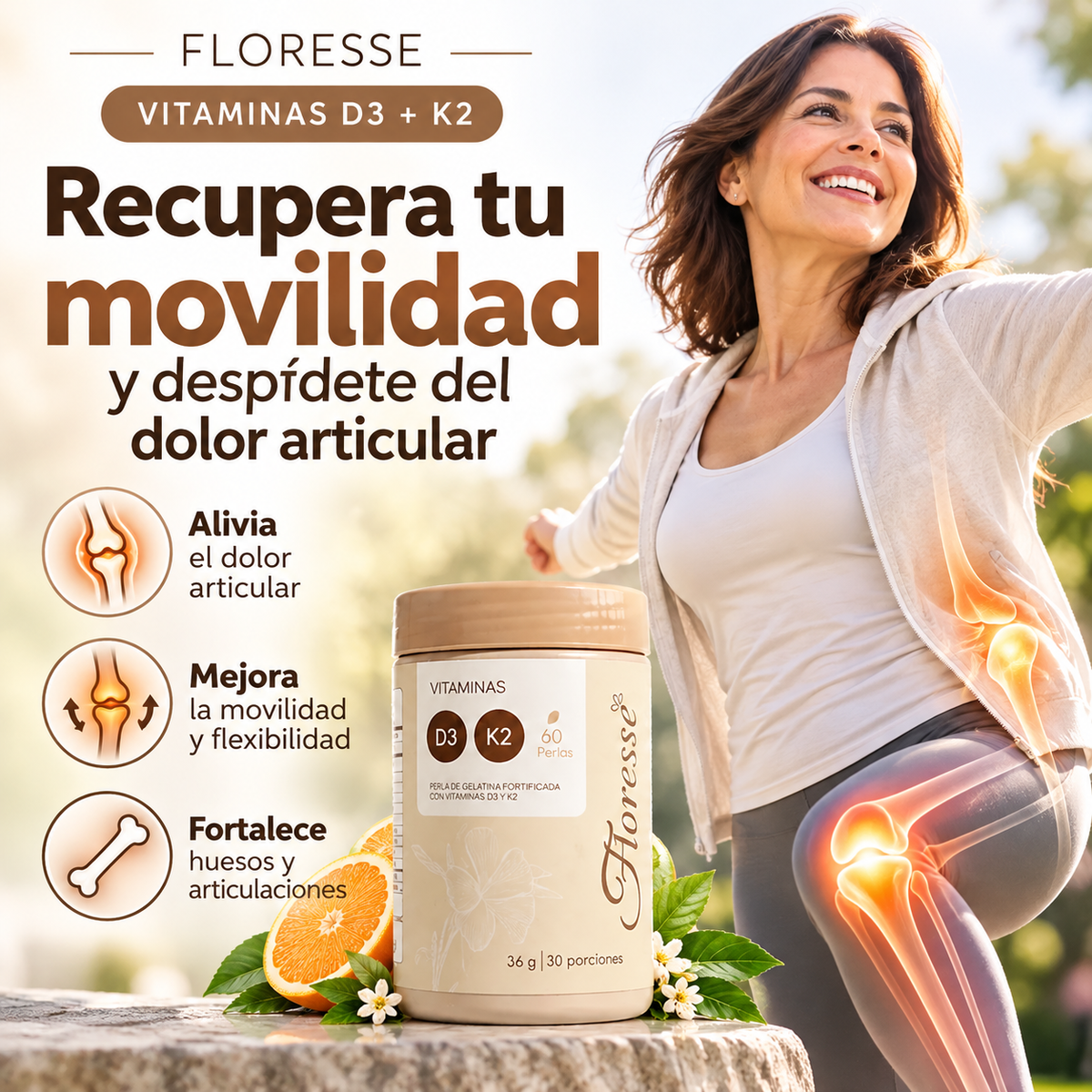 FLORESSE -  Suplemento para el cuidado de los huesos y la movilidad durante y despues de la menopausia