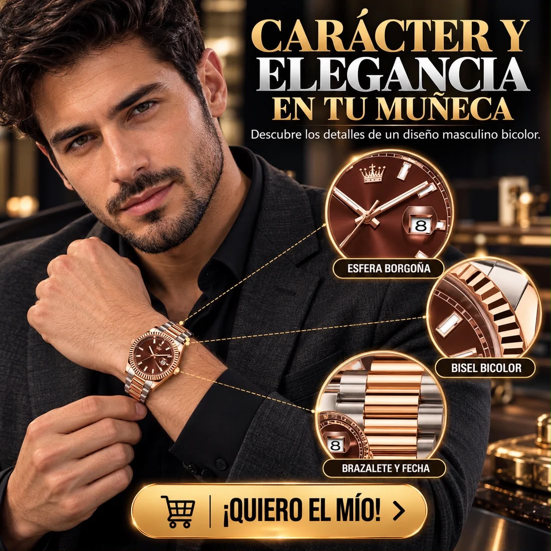 Olves - Reloj elegante con acabado oro rosado